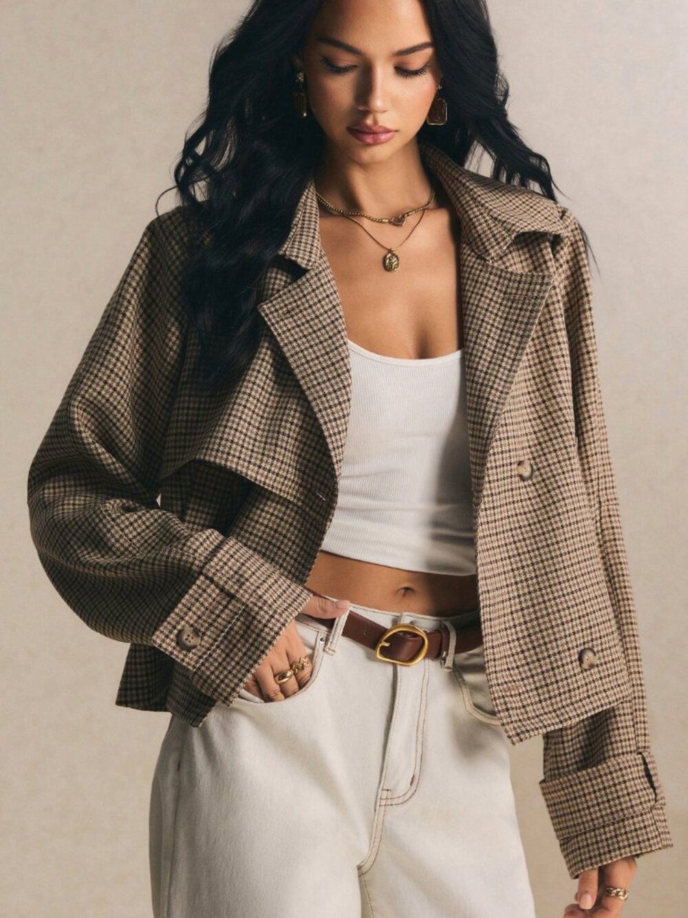 Modern Houndstooth Cropped Jacket | Structured Tailored Fall Layering Coat